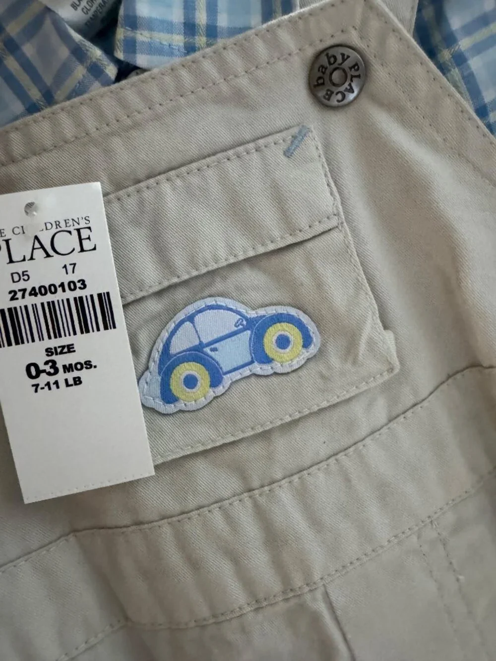 The Childrens Place Baby Boy Overalls Set 0-3M Beige & Blue Plaid